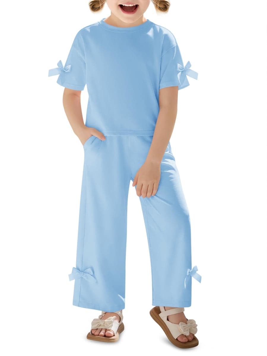 Haloumoning Toddler Baby Girls Summer Clothes 2 Piece Outfits Cute Bow Short Sleeve T Shirts Pants Set with Pockets 1-8Y, Sky Blue, 5-6 Years