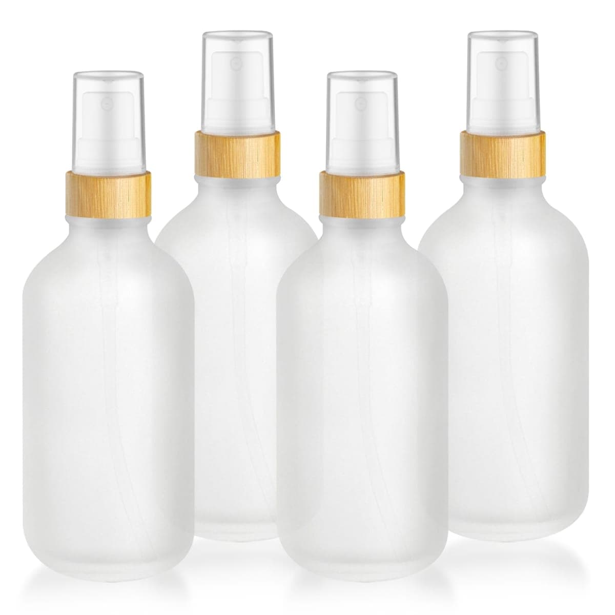 DMuuuDM 4-Pack 4 Oz Glass Spray Bottle with Bamboo Lid,Empty Refillable Fine Mist Atomizer,Leak-Proof Travel Liquid Holder Container for Cologne,Essential Oils,Room Sprays,Cleaning Solutions, Frosted