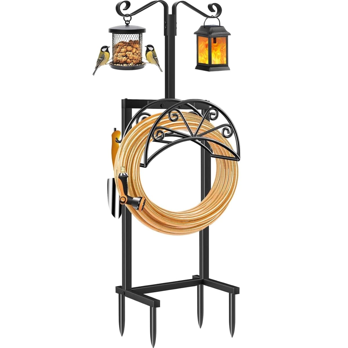 TomCare Garden Hose Holder with Shepherds Hooks Heavy Duty Water Hose Holder Holds 160 FT Hose Freestanding Hose Reel with 2 Tool Hooks Stable Hose Hanger Storage Stand for Outside Yard, Black