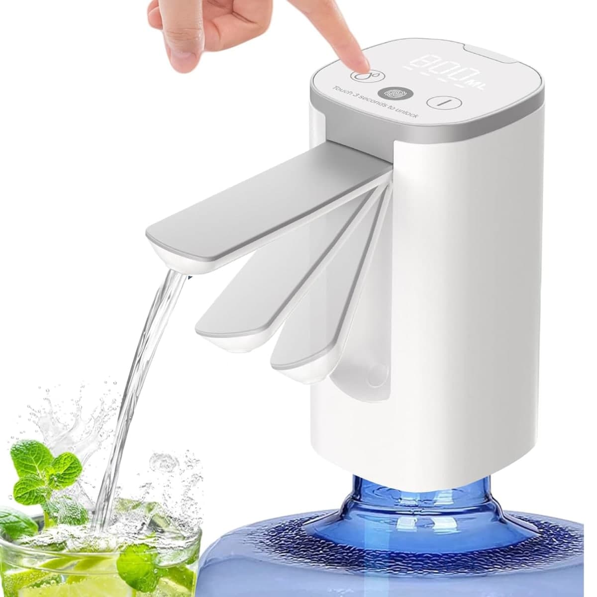 Desktop Water Dispenser with Base, Electric Folding Water Pump with USB Charging, Desktop Water Pump for Universal 2-5 Gallons, Touch Screen and Low Noise (Autofolding, White - Silver)