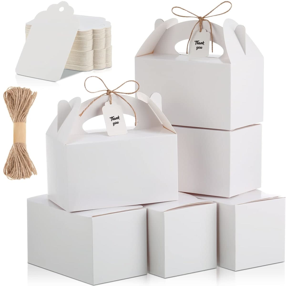 Eaasty 100 Pcs White Treat Boxes Gift Boxes with Lids for Presents Party Favor Boxes Kraft Paper Cookie Boxes for Dessert with Strings Tags for Wedding Birthday Baby Shower 6.2 x 3.5 x 3.5 Inches