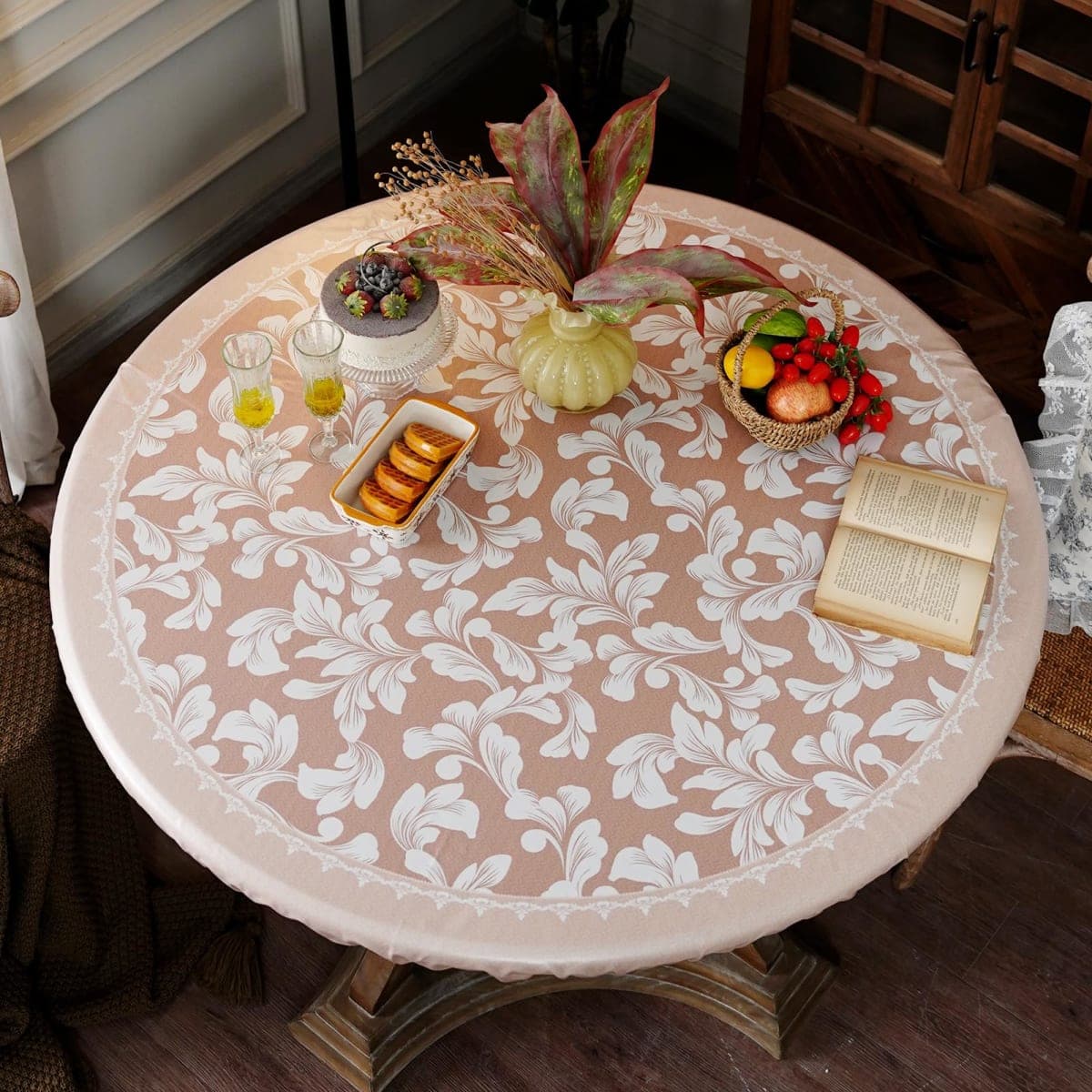 Artbloss Round Fitted Tablecloth Elastic Farmhouse Table Cover, 36"-45"
