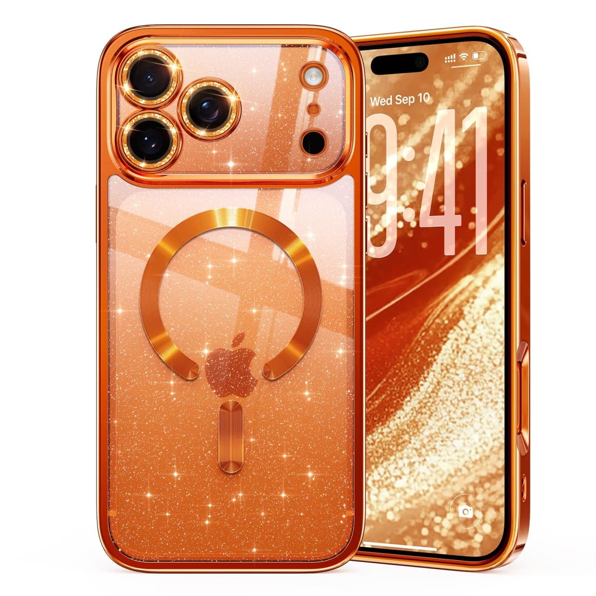 Glitter for iPhone 17 Pro Case with Eye-catching Integrated Lens Protection, [Sparkly Bling Back Panel] [Seamless Work with Magsafe] Cute Women Girly Magnetic Case for iPhone 17 Pro 6.3" Cosmic Orange