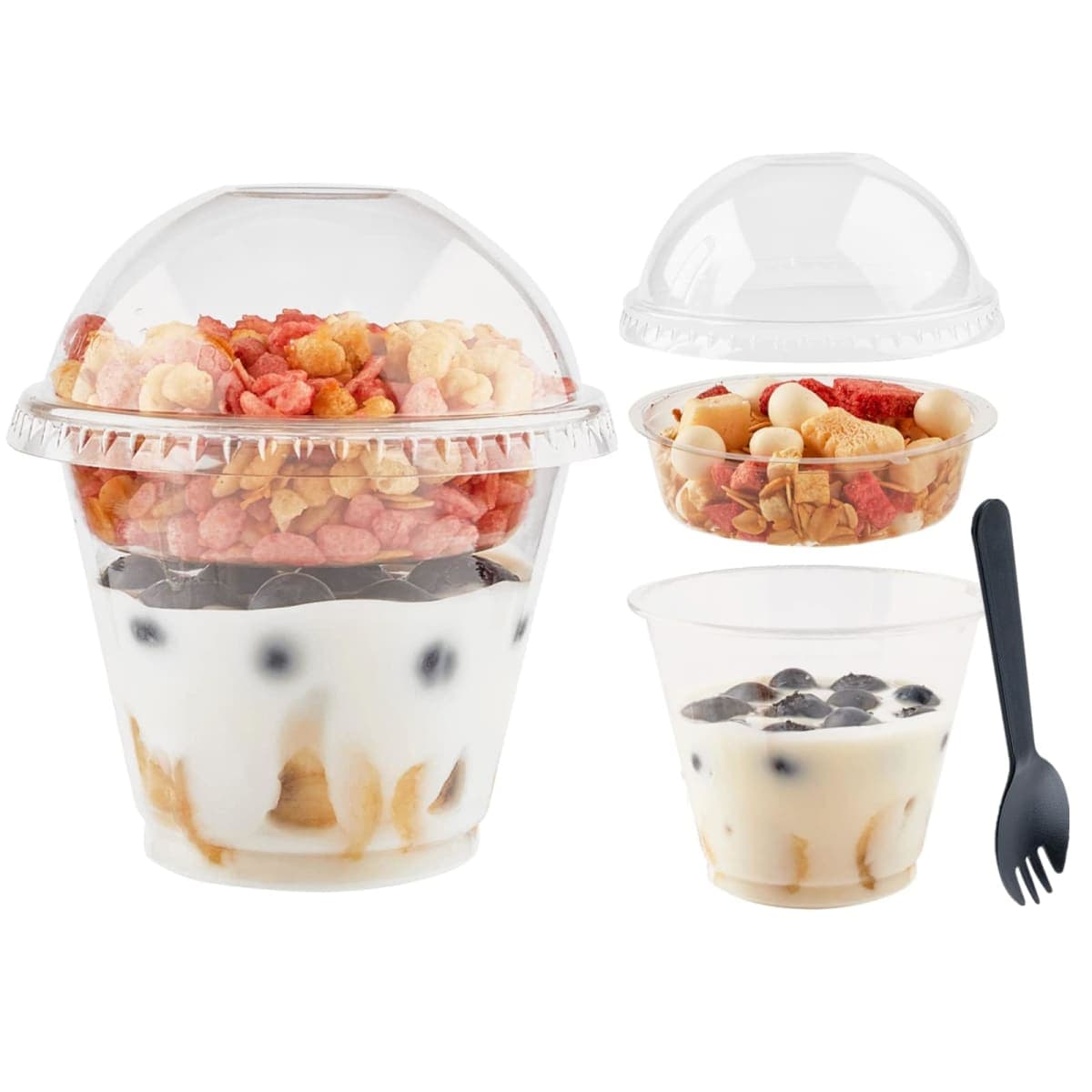 Zezzxu 50 Pack 9 oz Disposable Parfait Cups with Dome Lids No Hole, Toppings Compartment and Spork, Yogurt Conatiner with Granola Holder for Take Away Breakfast and Snacks, No Leaking