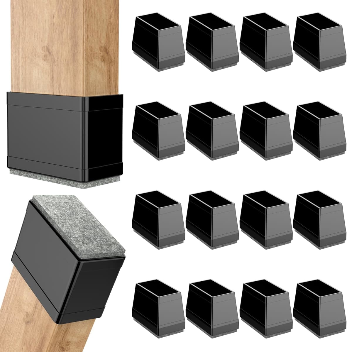 Rectangle Chair Leg Protectors for Hardwood Floors,16 PCS Silicone Covers to Protect Wood Tile Floors Felt Pads Furniture Leg Caps Reduce Noise. Easy to Move.(Black,0.6 x 1.2 Inch,Rectangle)