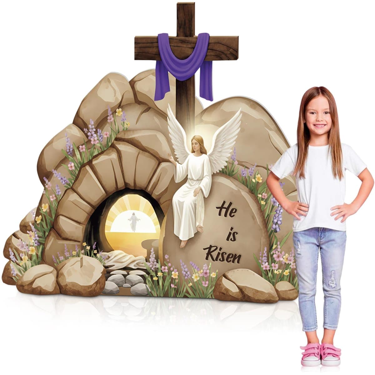 Vercraft Empty Tomb Easter Scene Plastic Board with Rock Set 39.6 x 24 Inch Stand up Tomb with Cross on Top Cutout Christian Jesus Nativity Scene He is Risen for Jesus Religious Sunday Church Decor