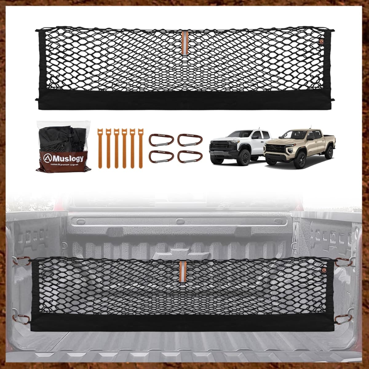 Muslogy Truck Bed Cargo Net Compatible with Chevrolet Colorado & GMC Canyon 2023 2024 Accessories Storage Organizer Pickup Truck Bed Envelope Style Cargo Net with Heavy Duty Carabiners
