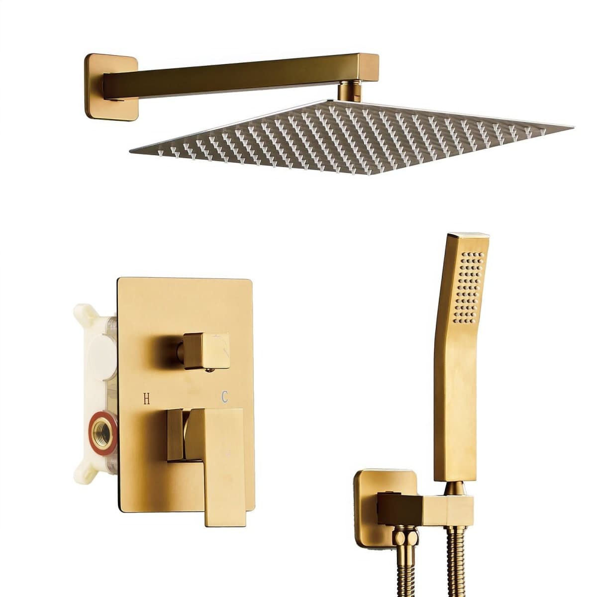 SaniteModar Shower System, 12 Inch Bathroom Shower Head, Multi-function Rainfall Square Shower Head, Wall Mounted Shower System Shower Head Trim Kit, Brushed gold