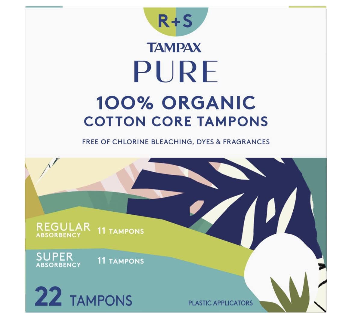 Tampax Pure Cotton Tampons, Contains 100% Organic Cotton Core, Regular/Super Absorbency, 22 Ct, Unscented