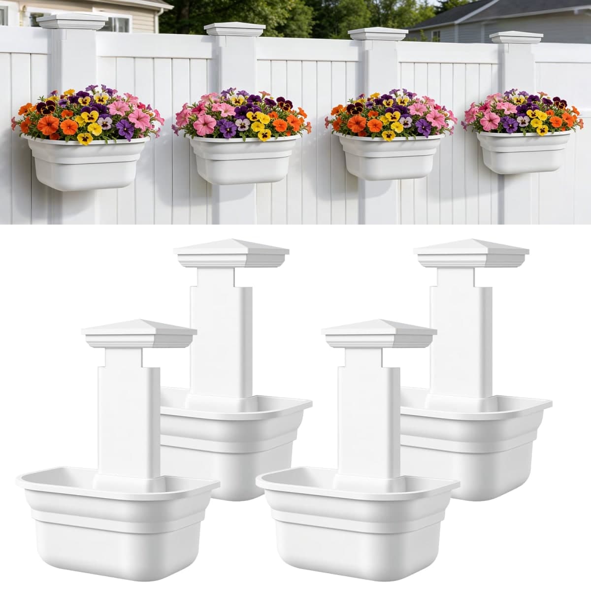 Hanging Planters for Outdoor Plants - Fence Plant Flower Pots, Plant Hangers Fence Post Planter with Post Caps for Outdoor Garden PVC Fence Decor - 4 Pack