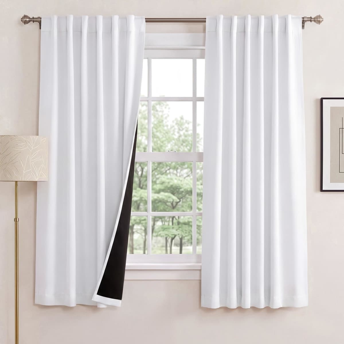 NICETOWN Pure White 100% Blackout Lined Curtains, 2 Thick Layers Completely Blackout Window Treatment Thermal Insulated Drapes for Kitchen/Bedroom (1 Pair, 52 inches Width x 63 inches Length)