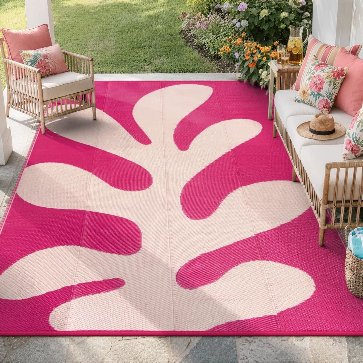 Wonnitar Abstract 8x10 Outdoor Rugs, Modern Coral Waterproof Reversible Plastic Straw Rug for Patio, Foldable Lightweight Outside Carpet for Deck, Balcony, RV, Beach, Pink