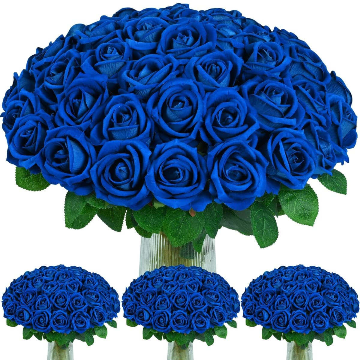 100Pcs Blue Roses Artificial Flowers, Real Touch Velvet Fake Roses Bouquet