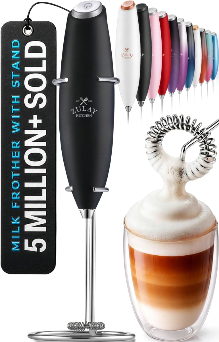 Zulay Kitchen Powerful Milk Frother Wand - Ultra Fast Handheld Drink Mixer - Electric Whisk Foam Maker for Coffee, Lattes, Cappuccino, Frappe, Matcha, Hot Chocolate & Coffee Creamer - Milk Boss Black