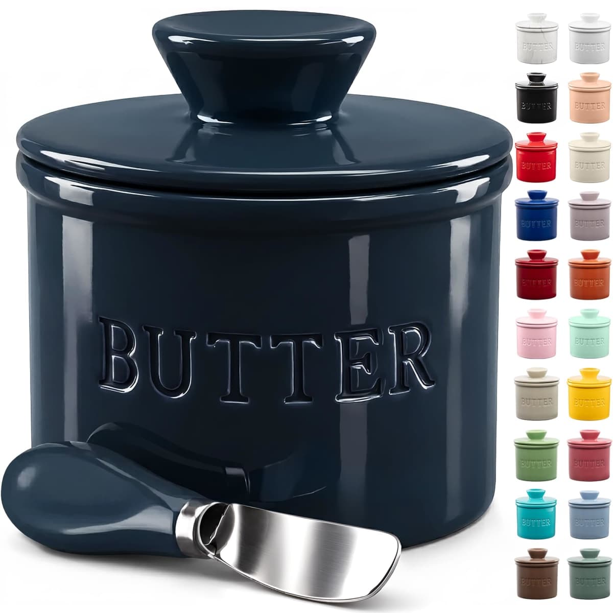 Zulay Kitchen Bell Shaped Butter Crock with Lid for Countertop with Water Line & Spreader Knife, Ceramic French Butter Dish Keeper For Fresh, Soft & Spreadable Butter - Midnight Blue