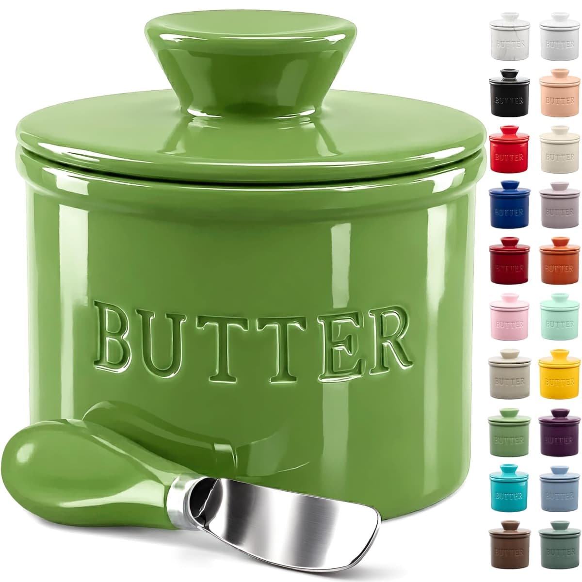 Zulay Kitchen Porcelain Butter Crock With Lid & Knife - Authentic French Butter Dish For Fresh & Spreadable Butter - Green