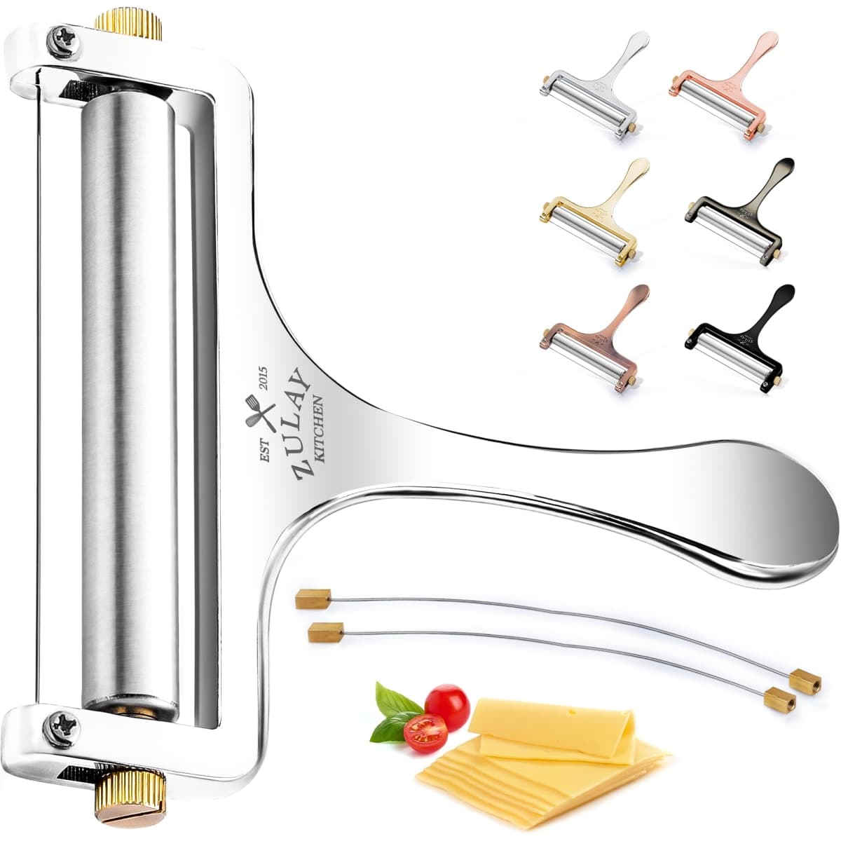 Zulay Kitchen Stainless Steel Wire Cheese Slicer - Adjustable Hand Held Cheese Cutter with 2 Extra Wires - Premium Cheese Shaver for Mozzarella, Cheddar, Gruyere - Cheese Cutter with Wire (Silver)