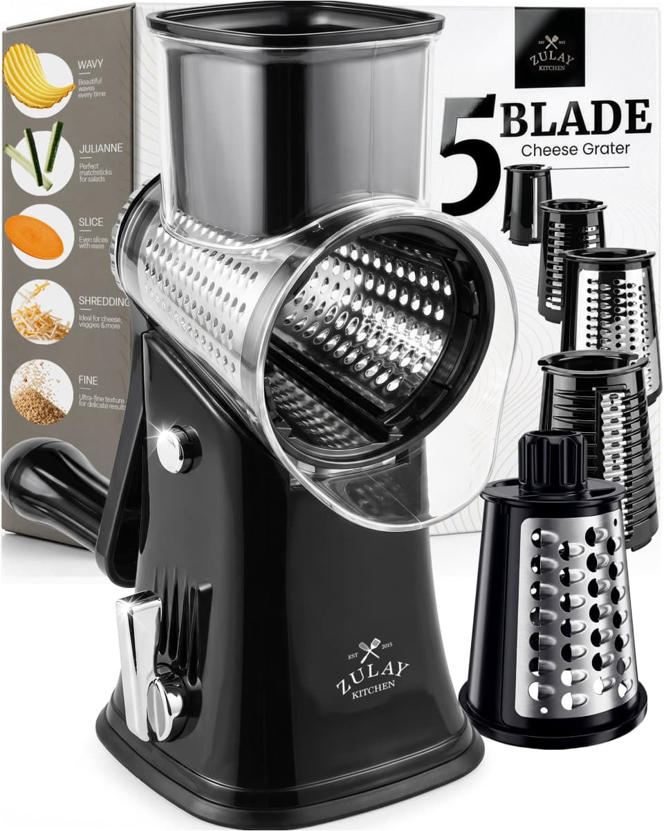 Zulay Kitchen 5-Blade Rotary Cheese Grater - Manual Hand Crank Cheese Shredder with Reinforced Suction & 5 Interchangeable Drums - Vegetable Chopper & Round Mandoline Slicer