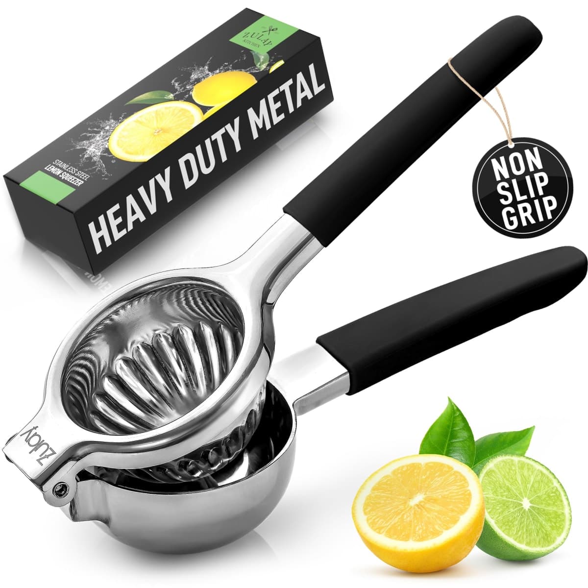 Zulay Lemon Squeezer Stainless Steel with Premium Heavy Duty Solid Metal Squeezer Bowl and Food Grade Silicone Handles - Large Manual Citrus Press Juicer and Lime Squeezer Stainless Steel (Black)