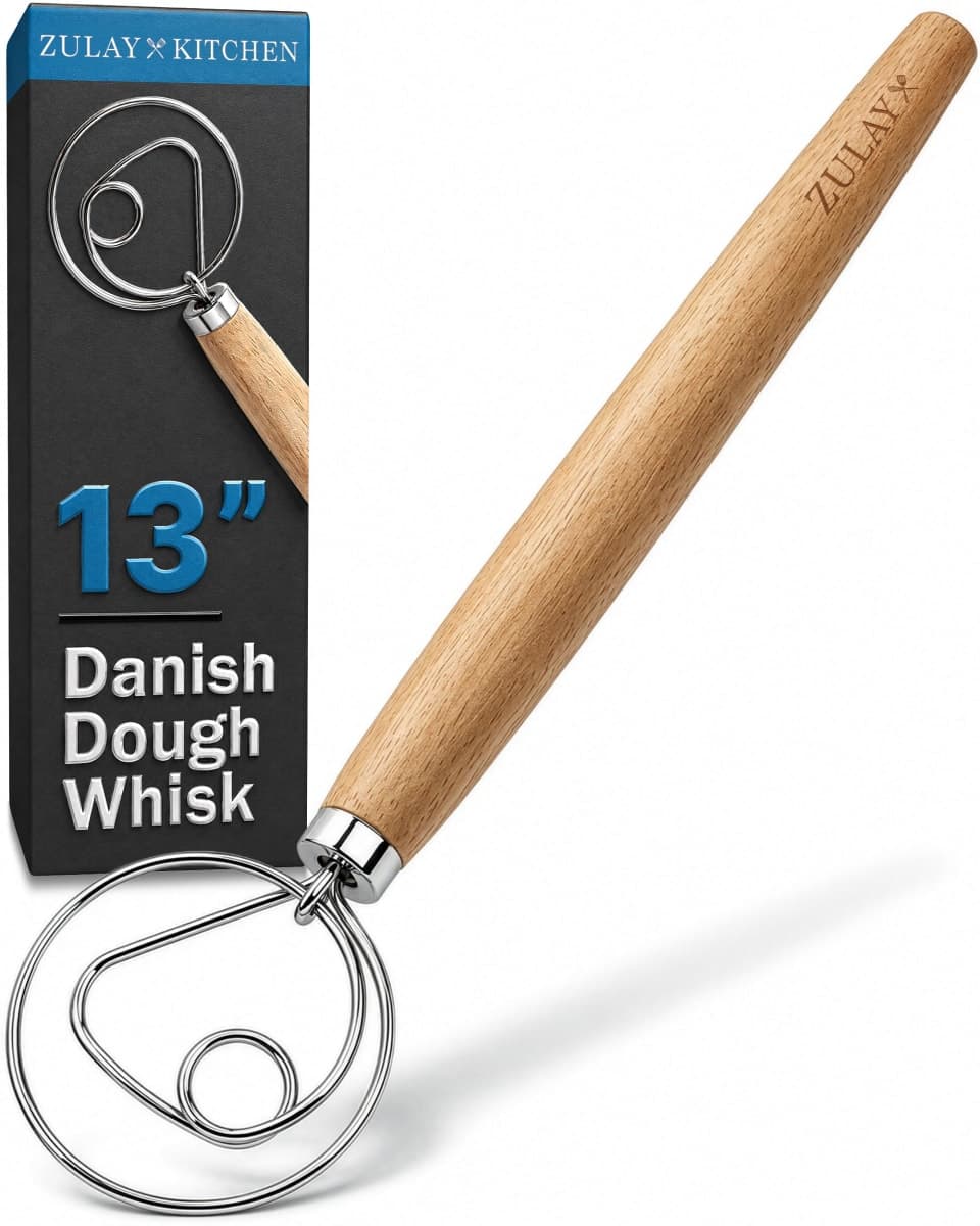 Zulay Kitchen 13 Inch Danish Dough Whisk - Large Wooden Danish Whisk for Dough with Stainless Steel Ring - Traditional Dutch Whisk Baking Tool for Bread, Batter, Cake, Pastry