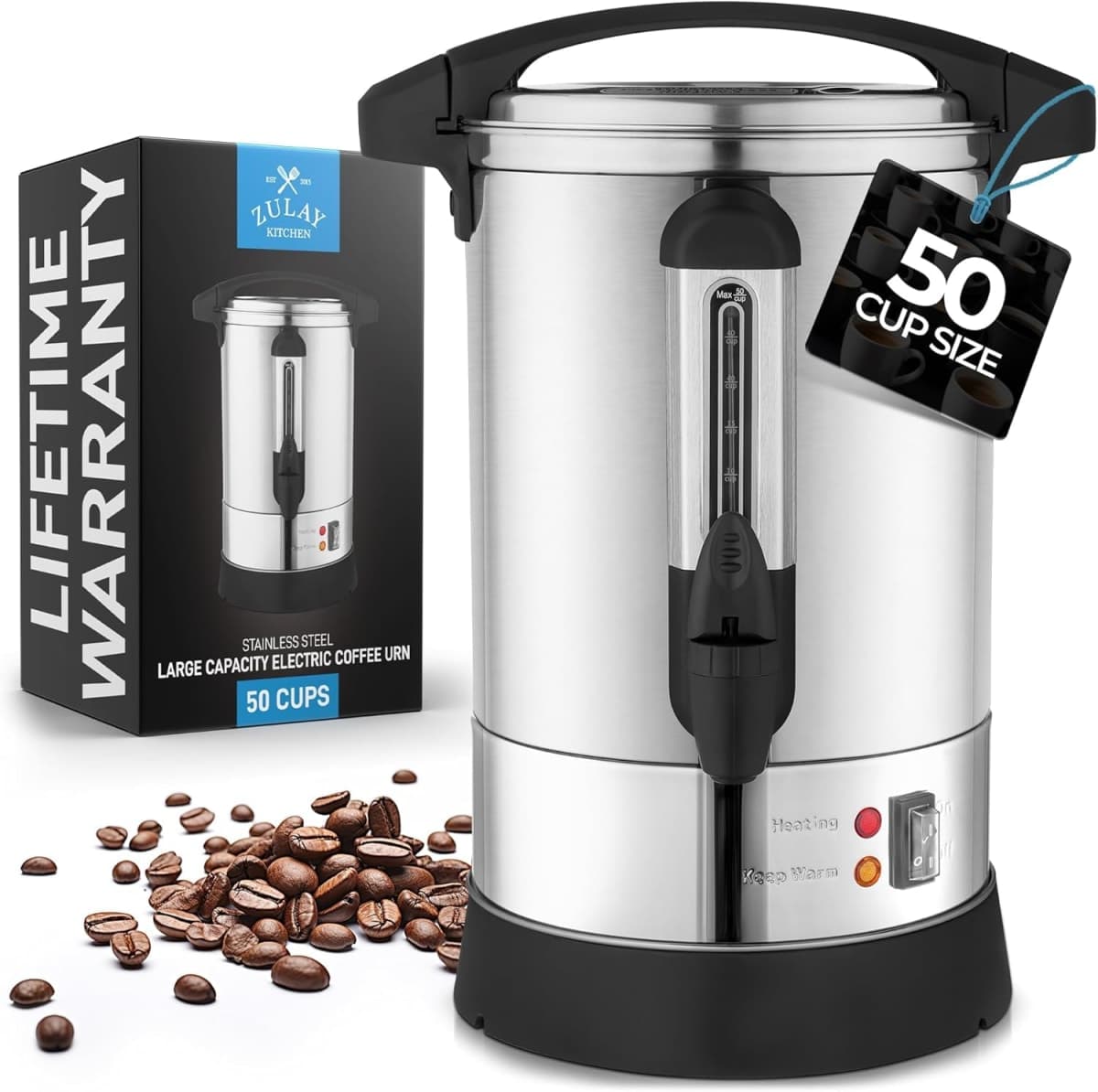 Zulay Premium 50 Cup Commercial Coffee Urn - Stainless Steel Large Coffee Dispenser For Quick Brewing - Automatic Hot Water Dispenser - Ideal for Large Crowds - Perfect for Any Occasion
