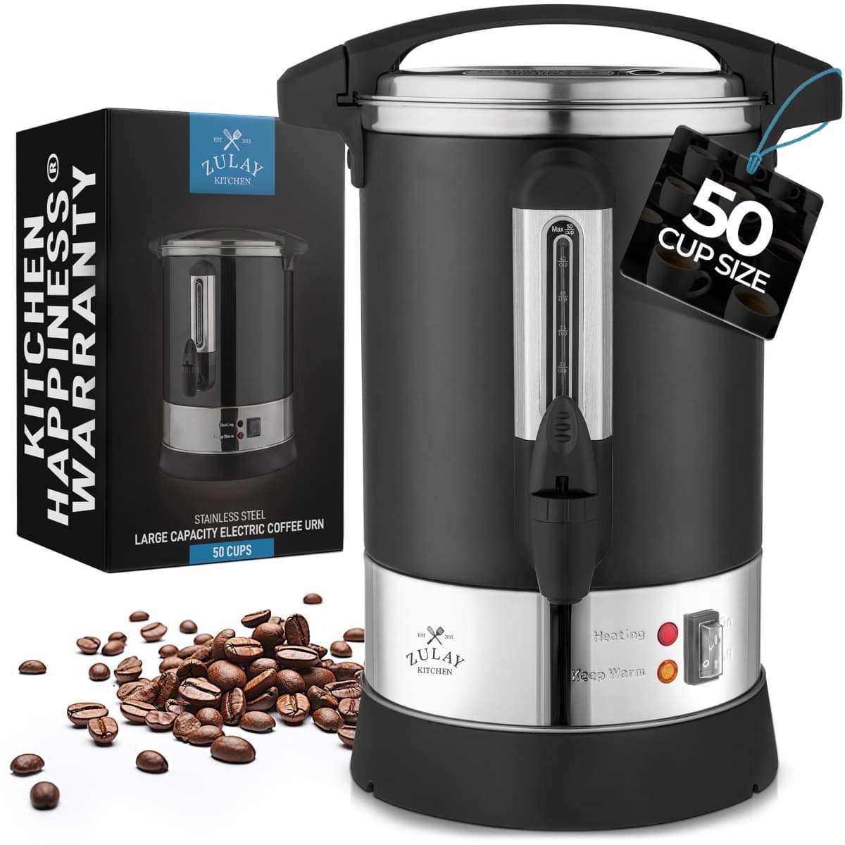 Zulay Commercial Coffee Maker Machine Urn - Large Percolator Pot Dispenser With Double-Wall Stainless Steel, Quick Brew, Stays Hot - Also for Water, Tea, Beverage at Events & Catering - 50 Cup Black