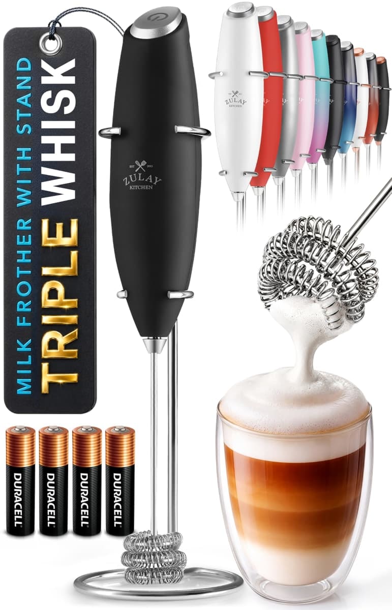 Zulay Kitchen Patented Tornado Triple Whisk Milk Frother with 4 Duracell Batteries – Handheld Foam Maker for Coffee, Lattes, Matcha & Hot Chocolate – Rich, Creamy Froth in Seconds- Black