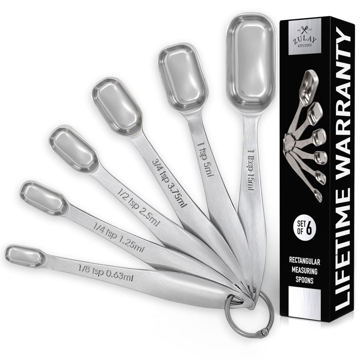 Zulay Heavy Duty Stainless Steel Measuring Spoons with Easy to Read, Slim Design for Narrow Spice Jars, 6 Piece Measuring Spoons with Etched Markings & Removable Clasp, Table Spoons Measuring Spoon