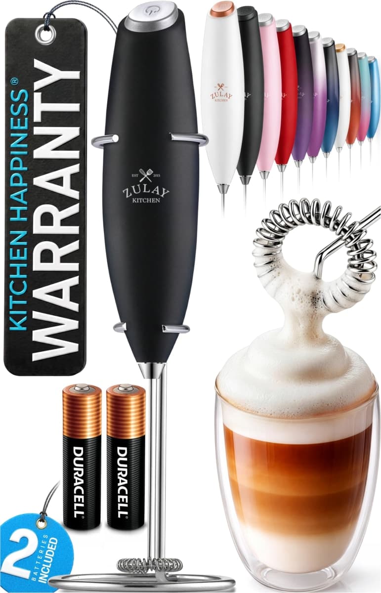 Zulay Kitchen Powerful Milk Frother Wand - Ultra Fast Handheld Drink Mixer - Electric Whisk Foam Maker for Coffee, Lattes, Cappuccino, Frappe, Matcha, Hot Chocolate & Coffee Creamer - Milk Boss Black