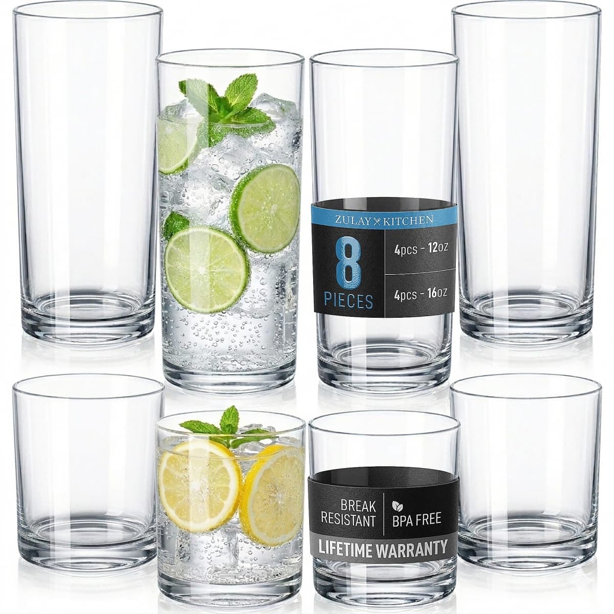 Zulay Kitchen Acrylic Glasses Drinkware - 8 Piece Unbreakable Plastic Tumblers - BPA-Free, Reusable Plastic Drinking Glasses for Home & Outdoors - Stackable, Lead-Free & Dishwasher Safe - (12&16oz)