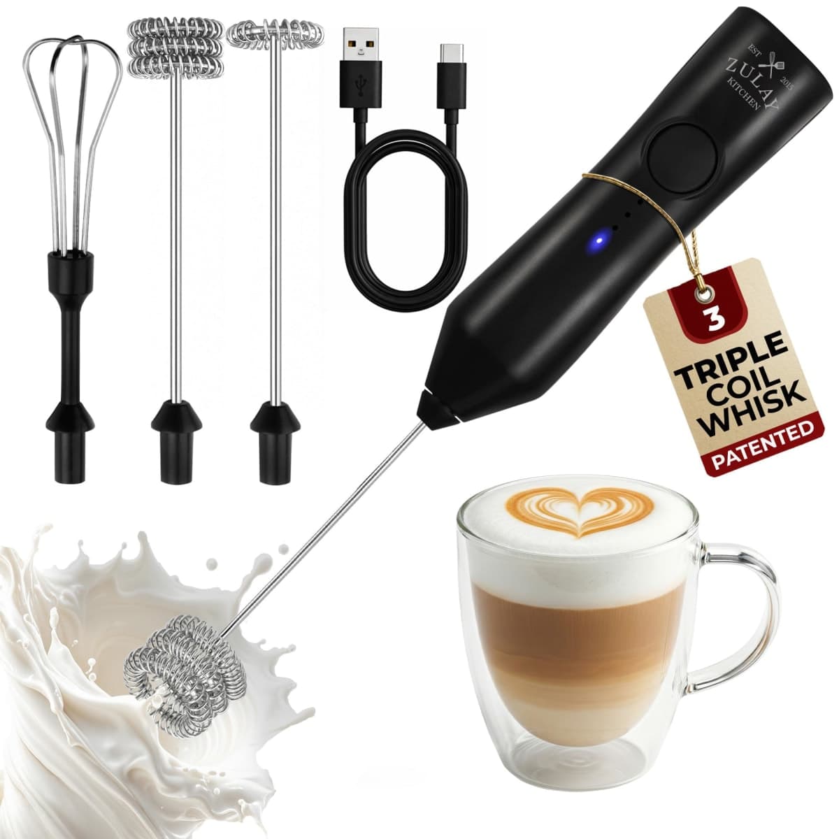 Zulay Kitchen Rechargeable Milk Frother - Dynamic - 3 Speeds, 3 Whisk Attachments, 500 mAh USB Charging, Drink Mixer for Latte, Cappuccino, Matcha, Protein Powder, Coffee Foam - Black