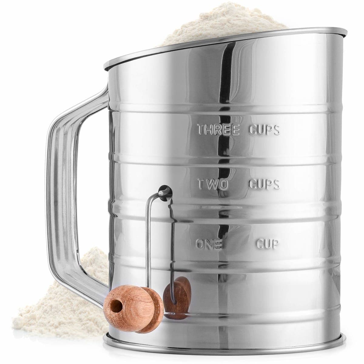 Zulay 3 Cup Stainless Steel Flour Sifter - Fine Mesh Rotary Hand Crank Flour Sifter with Agitator Wire Loop for Baking Cakes, Pastries, Pies, Cupcakes and Desserts
