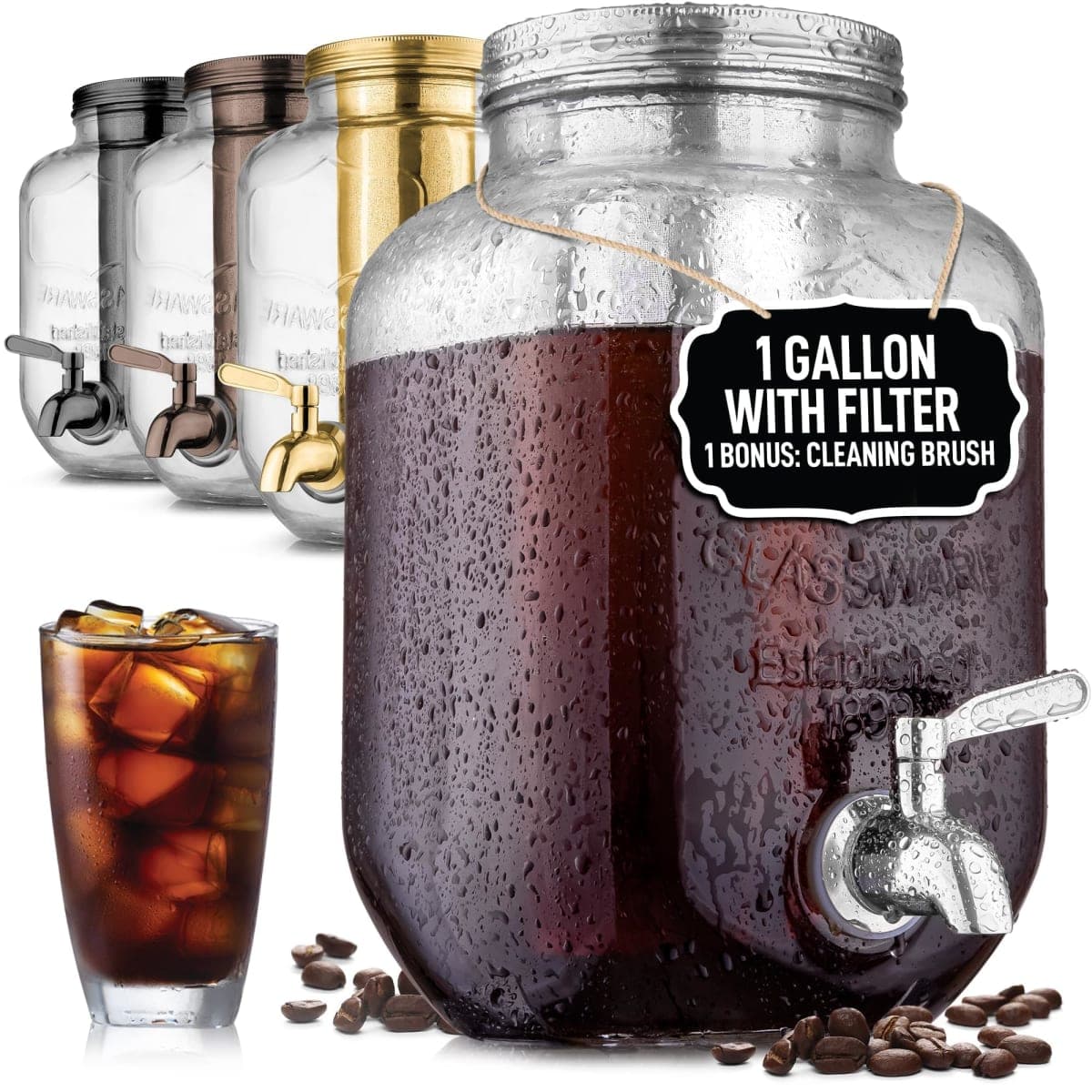 1 Gallon Cold Brew Coffee Maker with EXTRA-THICK Glass Carafe & Stainless Steel Mesh Filter - Premium Iced Coffee Maker, Cold Brew Pitcher & Tea Infuser - by Zulay Kitchen