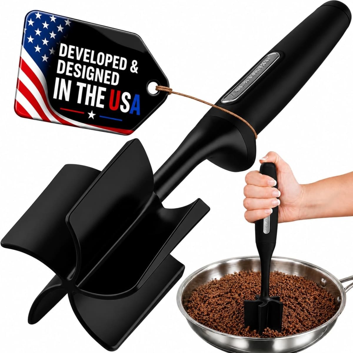 Zulay Kitchen Professional Meat Chopper & Potato Masher - Durable Non-Scratch Meat Masher Hamburger Chopper - Versatile Masher Kitchen Tool Ground Beef Chopper - Black