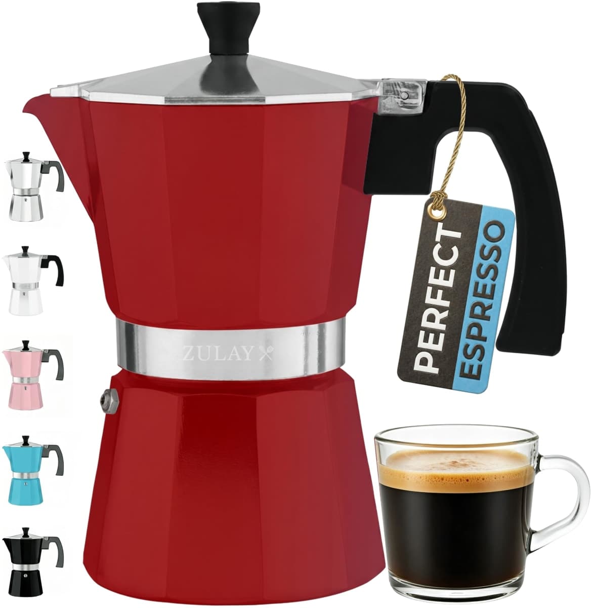 Zulay Moka Pot Espresso Stovetop Coffee Maker - Leak-Proof, Stainless Steel, Easy to Clean, Heat Resistant Handle & Knob - for Authentic Cuban & Italian Style Espresso - Makes 6 Espresso Cups - Red