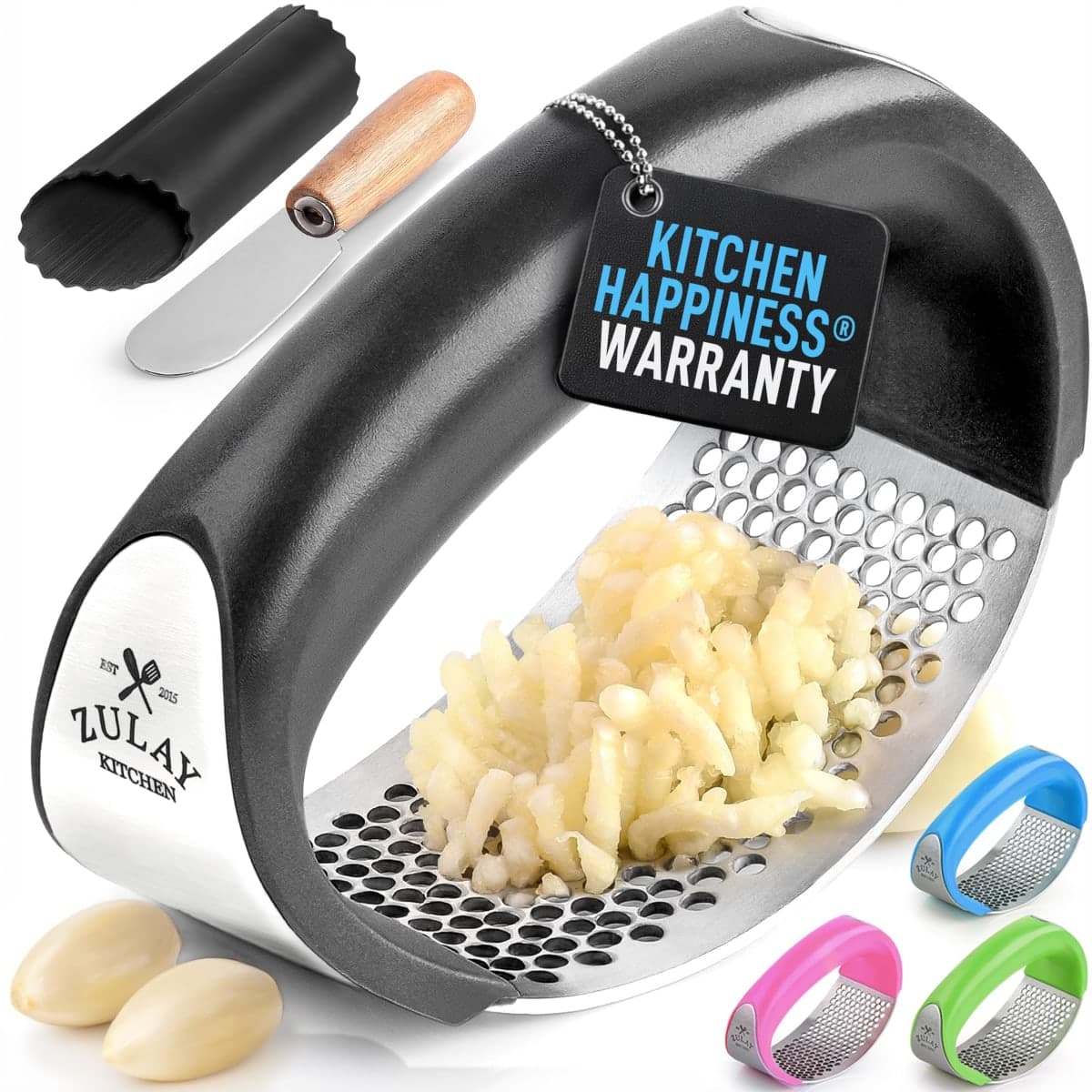 Zulay Kitchen Stainless Steel Garlic Press Rocker Set - Premium Garlic Mincer with Silicone Peeler & Scraper - Arc Shape Design Garlic Crusher with Comfortable Grip (Black)