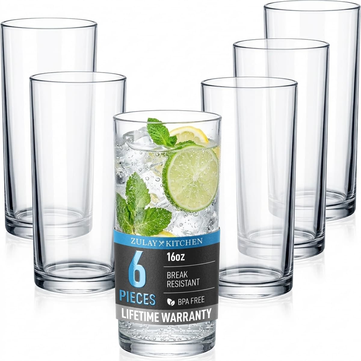 Zulay Kitchen Acrylic Glasses Drinkware - 6 Piece Unbreakable Plastic Tumblers - BPA-Free, Reusable Plastic Drinking Glasses for Home & Outdoors - Stackable, Lead-Free & Dishwasher Safe - (16 oz)