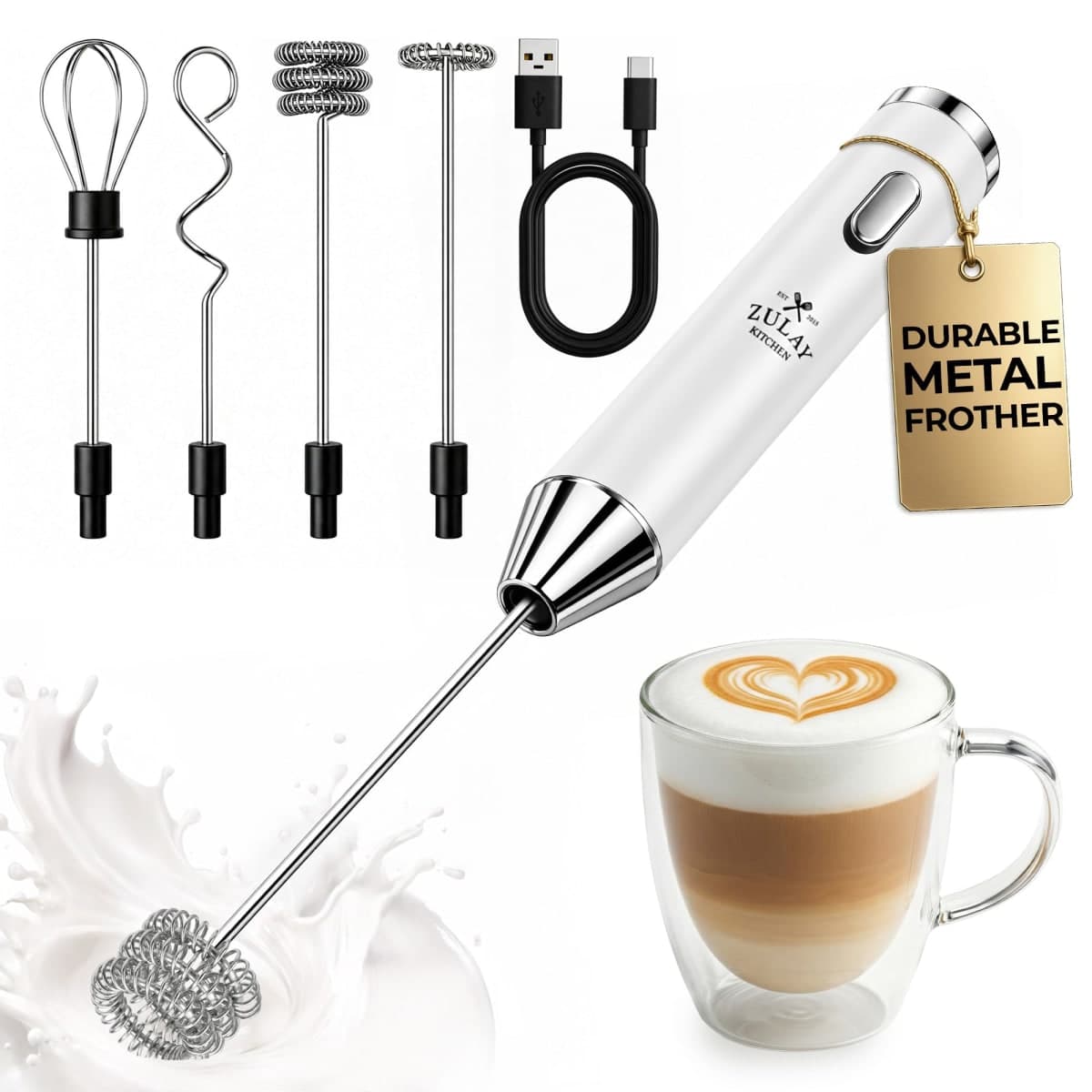 Zulay Kitchen Rechargeable Milk Frother Handheld - Frother Wand, Drink Mixer, Electric Whisk Frother, for Cappuccinos, Matcha & Protein Powder - Ultra Metal 4 Whisk, 1800mAh White