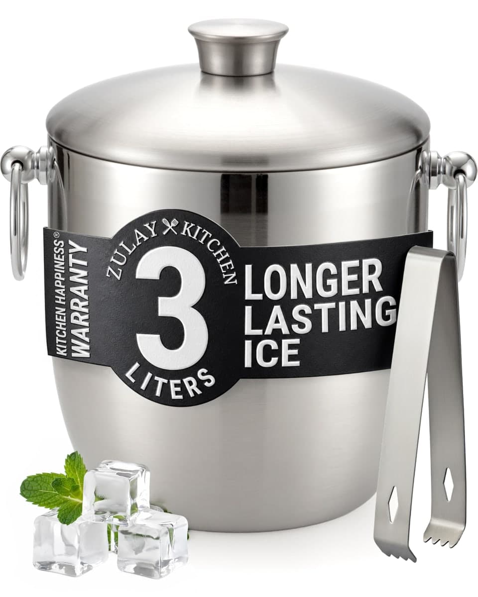 Zulay 3 Liter Double-Wall Insulated Ice Bucket for Cocktail Bar - Ice Buckets for Parties, Outdoor & Indoor - Stainless Steel Ice Bucket with Lid, Strainer & Tongs Included