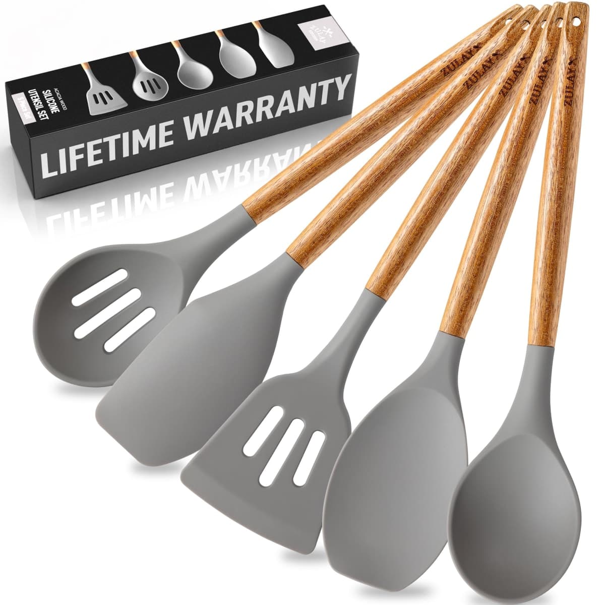 Zulay Kitchen Utensils Set Non-Stick Silicone Cooking Utensils Set with Authentic Acacia Wood Handles - 5 Piece Silicone Utensil Set - Silicone Kitchen Utensils Set with 464°F Heat Resistance - Gray