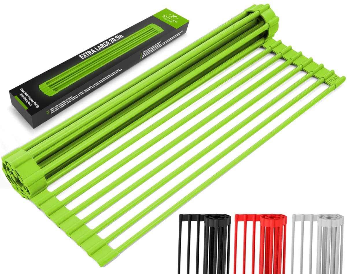 Large 20.5" Multipurpose Roll Up Dish Drying Rack & Trivet - Heavy Duty, Silicone-Coated Stainless Steel Roll Up Rack, Rolls Out Over any Sink - Versatile Roll Up Sink Drying Rack by Zulay (Green)