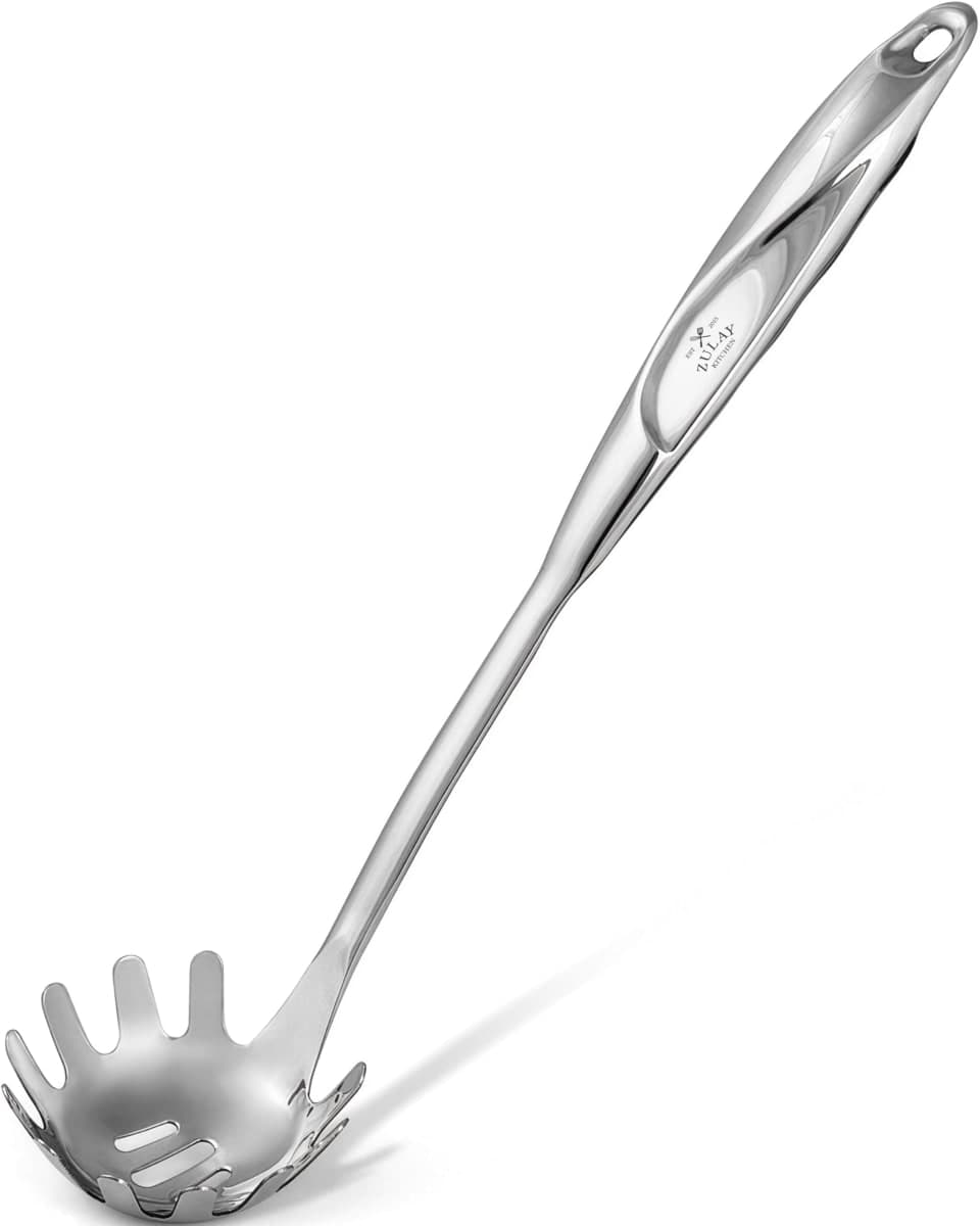 Zulay Kitchen Pasta Server - Durable Food Grade Stainless Steel Pasta Spoon Server with Ergonomic Handle & Heat Resistant Design - Kitchen Spaghetti Server Fork for Noodles, Pasta, & More (12 inch)