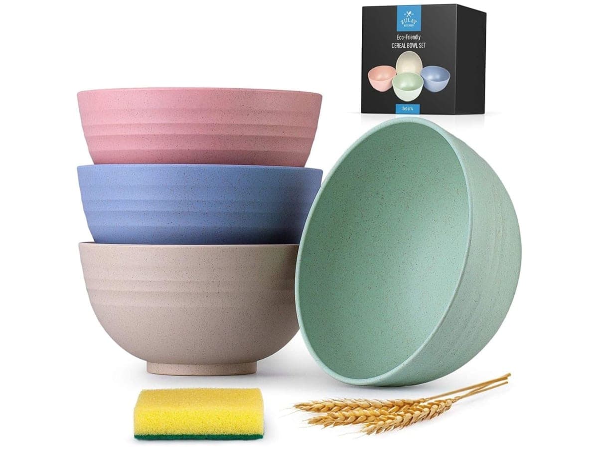 Zulay 24oz Unbreakable Wheat Straw Plastic Cereal Bowls Set of 4 - BPA Free Dishwasher & Microwave Safe Bowl Set With Sponge - Lightweight Wheat Straw Bowls For Cereal, Soup, Snacks, & More