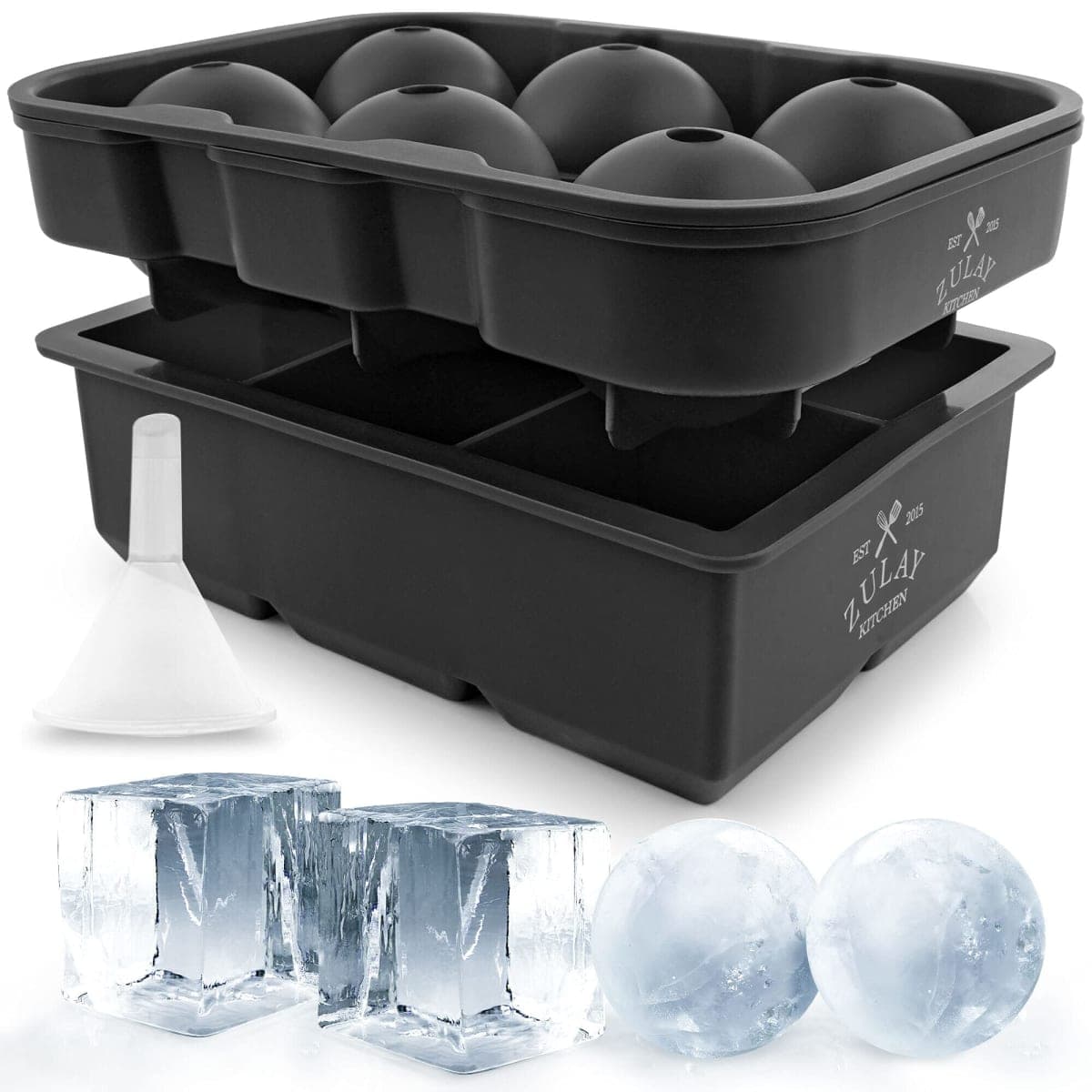 Zulay Set of 2 Silicone Large Ice Cube Trays For Cocktails - Large Ice Cube Tray & Whiskey Ice Mold For Sphere & Square Shaped Ice - BPA Free Whisky Ice Ball Mold For Bourbon, Scotch & More (Black)