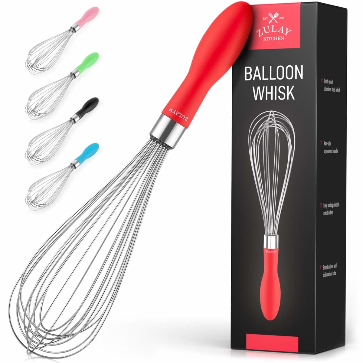 Zulay 12-Inch Stainless Steel Whisk - Balloon Wisk Kitchen Tool with Soft Silicone Handle - Thick Durable Wired Wisk Utensil for Blending, Beating, Whisking, Frothing, Stirring & More (Red)