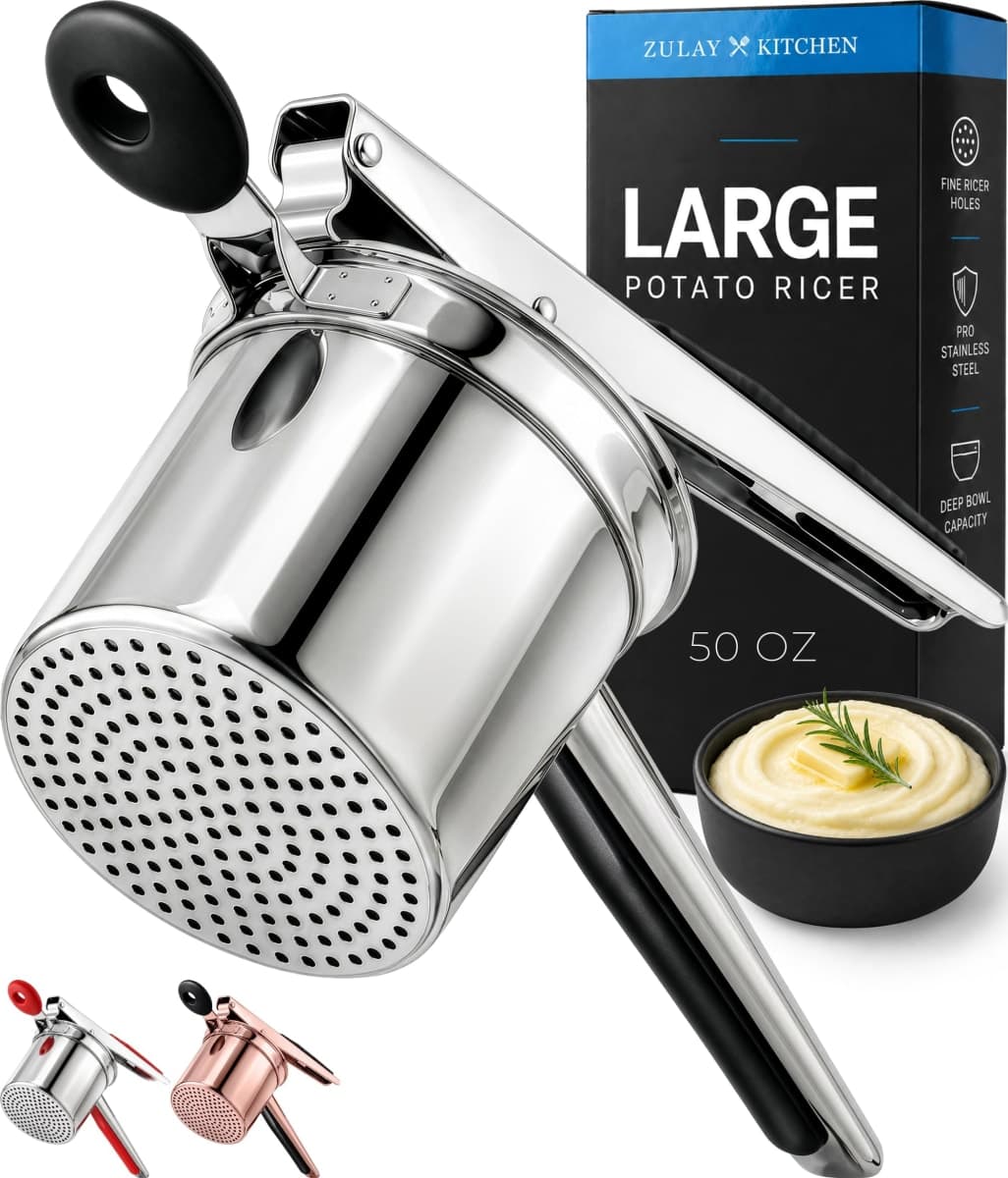 Zulay Kitchen Large 15oz Potato Ricer, Heavy Duty Stainless Steel Potato Masher and Ricer for Mashed Potatoes, Mashed Potato Masher & Potato Press Kitchen Gadget for Perfect Mashed Potatoes