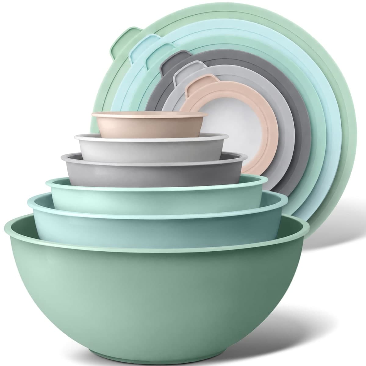 Zulay Kitchen 12 Piece Plastic Nesting Mixing Bowl Set - Colorful Bowls with Lids - Microwave and Freezer Safe (Mint Ombre)