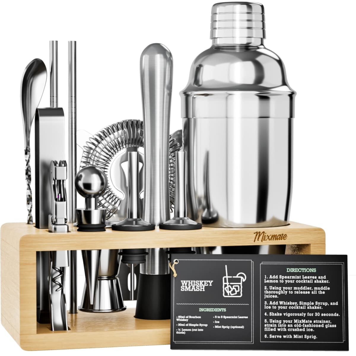 Mixology Bartender Kit with Stand - 15 Piece Bar Tool Set, Silver Bar Set Cocktail Shaker Set for Drink Mixing - Includes Martini Shaker, Jigger, Strainer, Bar Mixer Spoon, Tongs | Gift Idea (Natural)
