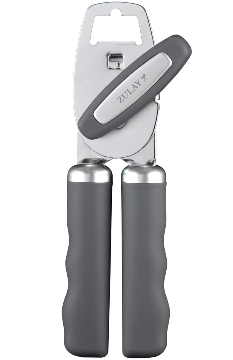Zulay Kitchen Heavy Duty Stainless Steel Can Opener Manual with Bottle Opener - Rust Proof Manual Can Opener with Turn Knob & Soft Grip Handles - Gray