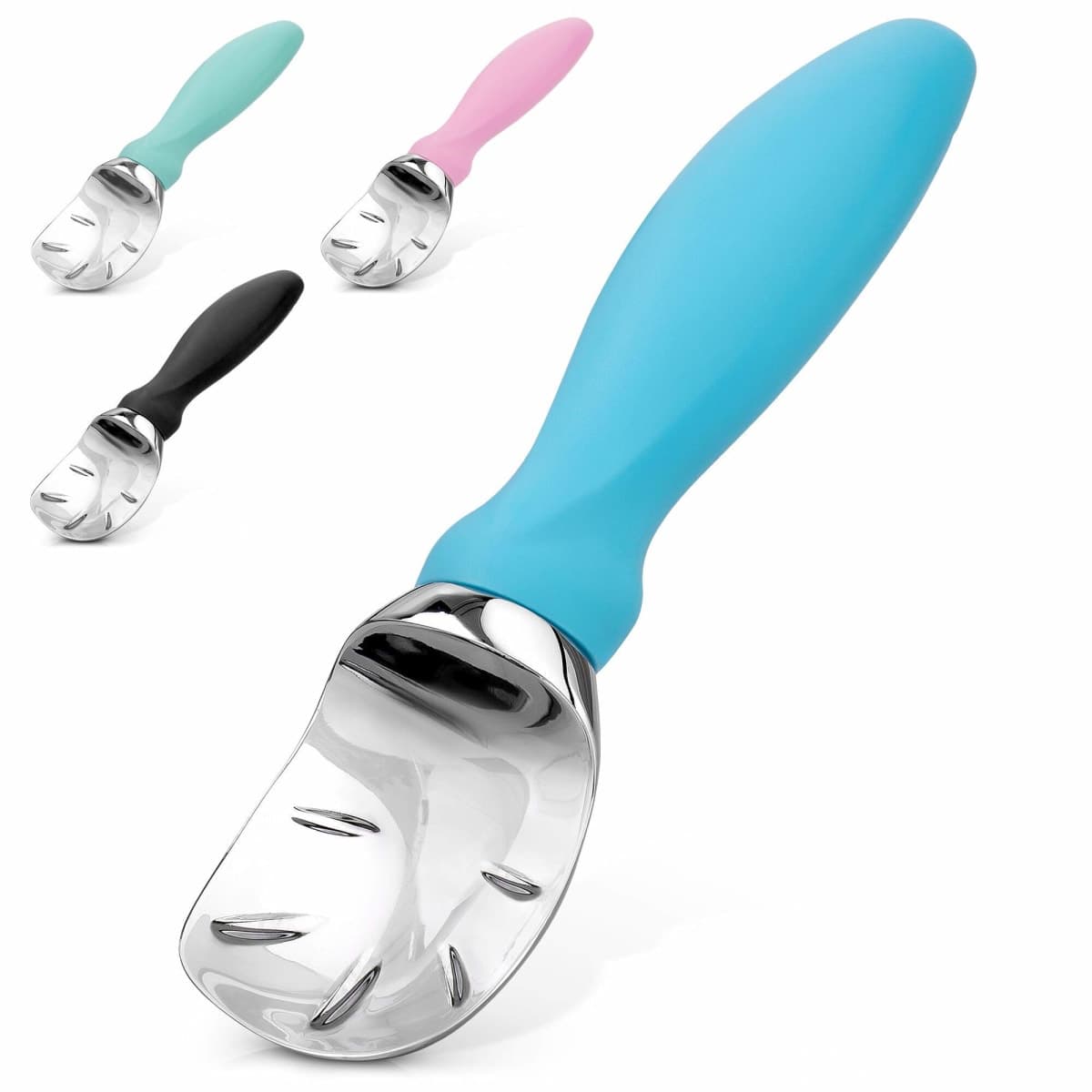 Zulay Ice Cream Scoop With Soft Easy Grip Handle - Ice Cream Scooper With Built-in Lid Opener - Heavy Duty Icecream Scoop With Non-Slip Handle For Soft & Hard Ice Cream (Blue)